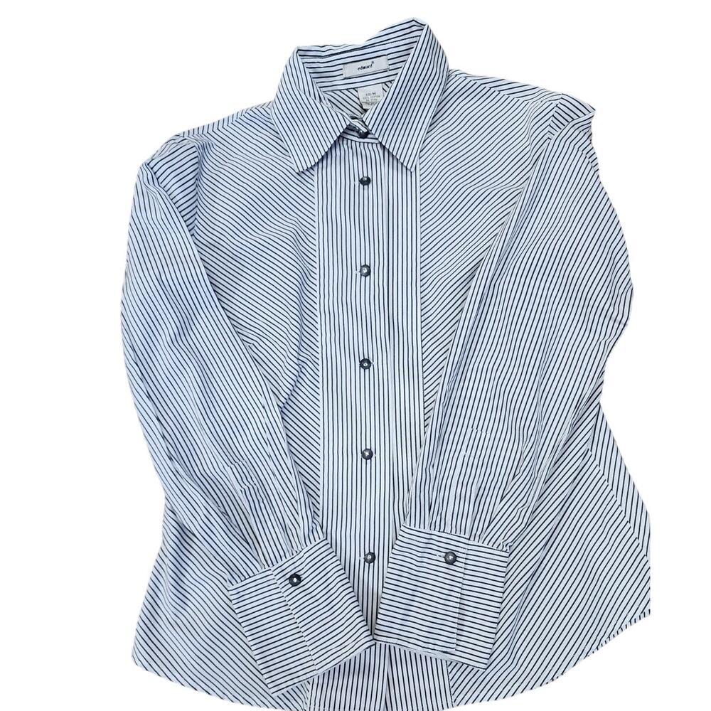 VTG Edward Striped Long Sleeve Blouse  Black plastic Rhinestone Buttons W Medium